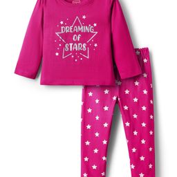 Babyhug Cotton Knit Full Sleeves Night Suit with Star Print - Dark Pink-image-38