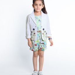 Ministitch Cotton Floral Embroidered & Abstract Printed Top & Shorts With Three Fourth Sleeves Jacket Set - Green-image-26