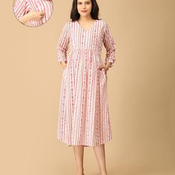 The Mom Store Cotton Three Fourth Sleeves Floral Printed Maternity Dress With Nursing Access - Multi Colour-image-89