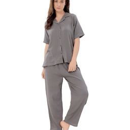 Piu Muslin Woven Half Sleeves Solid Coordinating Maternity Night Suit Set - Grey-image-46