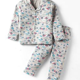 CUCUMBER Sinker Knit Full Sleeves Co-Ord Night Suit With Car Print - Light Grey-image-48