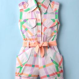 Dew Drops Poplin Woven Sleeveless Printed Jumpsuit With Belt - Peach-image-19