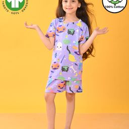 Anthrilo 100% Organic Cotton Knit Half Sleeves Ghost & Pumpkin Printed Coordinating Night Suit Set - Purple-picture-17