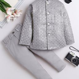 Fourfolds Woven Full Sleeves Sequins Embellished Jodhpuri & Trouser Set - Grey-image-80