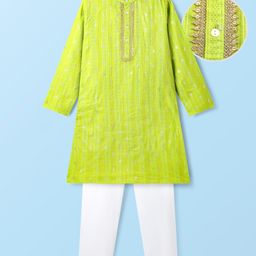 EARTHY TOUCH Cotton Woven Full Sleeves Printed Kurta Pajama Set - Lime Green-picture-27