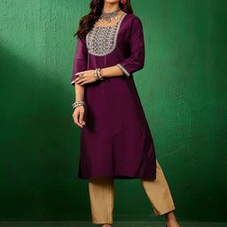 Sangria Floral Embroidered Round Neck Sequinned Straight Kurta-image-88