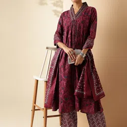 KALINI Women Floral Printed Empire Pure Cotton A-Line Kurta with Trousers & Dupatta-picture-43
