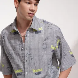 Highlander Men Popcorn Textured Printed Elbow Sleeve Oversized Shirt-image-5
