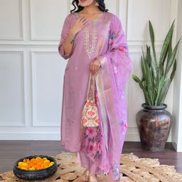 KALINI Floral Embroidered Zari Chanderi Silk Straight Kurta With Trousers And Dupatta-picture-49