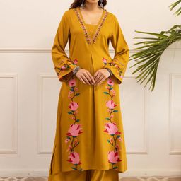 Nehamta Floral Embroidered Sequinned Square Neck Thread Work Kurta With Palazzos-image-5