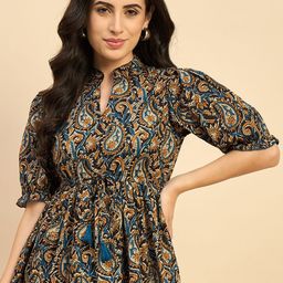 Azira Floral Print Mandarin Collar Cotton Cinched Waist Top-picture-32