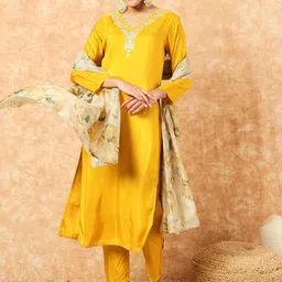 HERE&NOW Women Floral Yoke Design Regular Kurta with Trousers & Dupatta-image-64