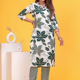 HEARTLOOM Women Floral Printed Regular Mirror Work Kurta with Trousers-image-40