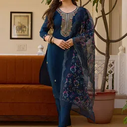 NIZA FASHION Floral Embroidered Beads & Stones Straight Kurta With Trousers & Dupatta-picture-58