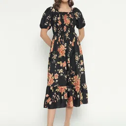 Femvy Floral Printed Square Neck Puff Sleeves Smocked Midi Fit & Flare Dress-picture-35