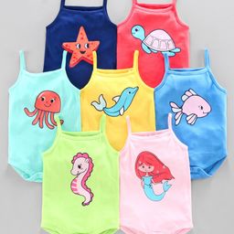 Babyoye Singlet Sleeves Onesie Ocean Animals Print Pack of 7 - Multicolour-image-15