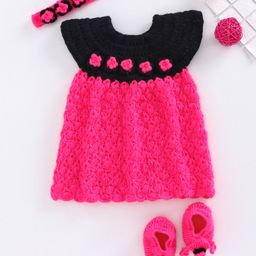 USHA ENTERPRISES Short Sleeves Flower Knit Detailing Dress With Headband & Booties - Pink-image-26