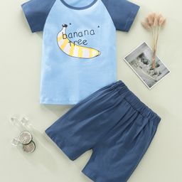 Kookie Kids Half Sleeves Night Suit Banana Print - Blue-image-39