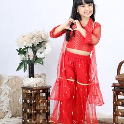 Babyhug Full Sleeves Sharara Top and Pant Set with Shrug - Red-picture-23