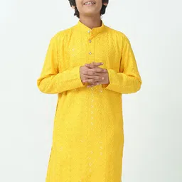 CHILINS Boys Geometric Embroidered Band Collar Sequinned Straight Kurta & Trousers-18