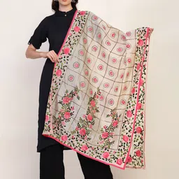 Tweedle Floral Punjabi Phulkari Embroidered Chanderi Dupatta-picture-15