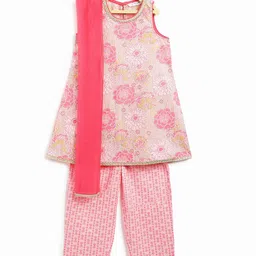 Campana Girls Printed Round Neck Zari Pure Cotton A-Line Kurta With Trousers & Dupatta-picture-35