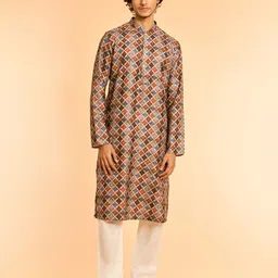 Diwas by Manyavar Geometric Printed Mandarin Collar Art Silk Kurta-image-19