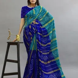 Styleveda Bandhani Poly Georgette Block Print Saree-image-16
