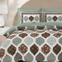 Varde White & Green Printed 210 TC Pure Cotton Ajrak Printed King Bedsheet Set-image-63