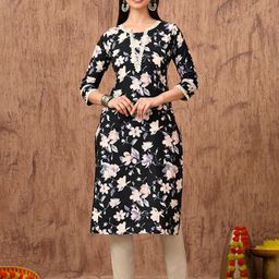 Anouk Rustic Floral Printed Round Neck Straight Cotton Kurta-picture-4