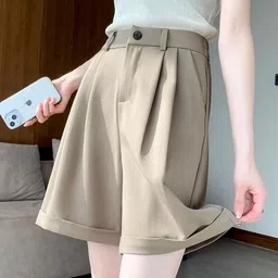 Outzidr Women Khaki Pleated Relaxed Fit Shorts-image-57