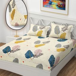 YaAkholic Cream & Blue Printed Microfiber 210 TC King Bedsheet Set 1.98m x 1.82m-image-98