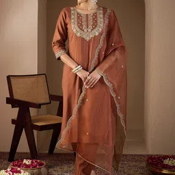 Indo Era Women Ethnic Motifs Embroidered Regular Liva Kurta with Trousers & With Dupatta-12