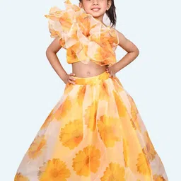 Modish Girls Yellow Floral Party One shoulder top with full length lehenga in Organza-3