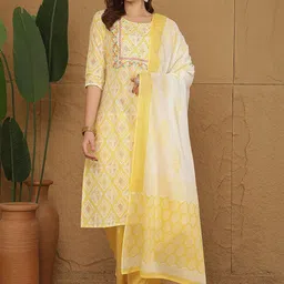 Anouk Geometric Printed Thread Work Pure Cotton Straight Kurta With Trousers And Dupatta-3