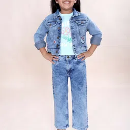 KiddoPanti Girls Printed Pure Cotton T-shirt With Jacket & Trouser-image-49