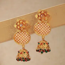 DressBerry Gold-Plated Kundan Studded And Pearls Beaded Floral Jhumkas-image-88