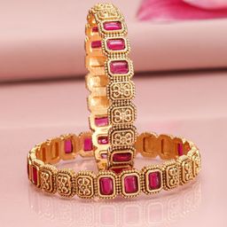 Rubans Set of 2, 22K Gold-Plated Ruby Pink Stone & Filigree Design Traditional Bangles-9