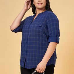 Honey Curvytude by Pantaloons Women Checked Mandarin Collar Shirt Style Top-image-53