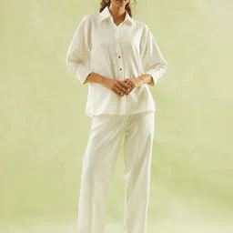 Samyukta Singhania Shirt Collar Cuffed Sleeves Lycra Shirt With Trousers-image-59