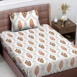 Myntra Elegant Homes White & Brown Floral 300 TC Single Bedsheet with 1 Pillow Covers-image-0