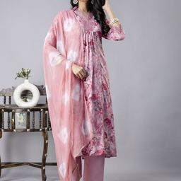 SINGNI Women Floral Printed Pleated Mirror Work Kurta with Trousers & With Dupatta-picture-1