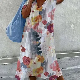 KPOP Women Floral Print V Neck A-Line Midi Dress-image-27