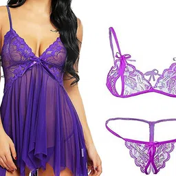 GuSo Shopee Women Purple Net Baby Dolls-image-64