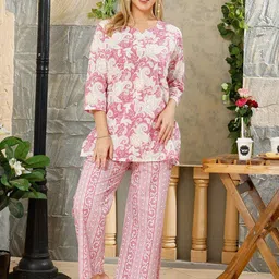 NIGHT FLOSS Floral Printed Pure Cotton Tunic With Trouser-89