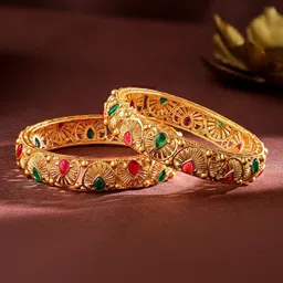 Rubans Set of 2 24K Gold-Plated Handcrafted Bangles with Ruby Red & Emerald Green Stones image 3