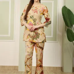 House Of Attire Pure Cotton Printed V-Neck Three Fourth Sleeves Tunic With Trouser Co-Ords-image-101