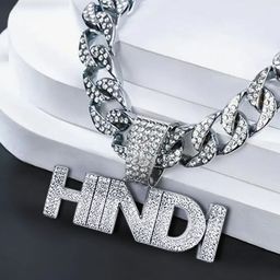 KRENOZ Silver-Plated Rhinestone Studded Hindi Pendant With Cuban Link Chain-picture-15