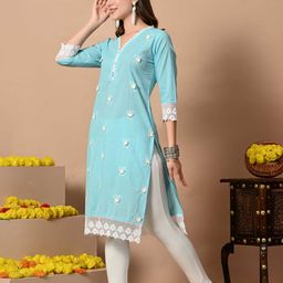 CRENOL THREADS Floral Embroidered V-Neck Pure Cotton Straight Kurta-picture-14