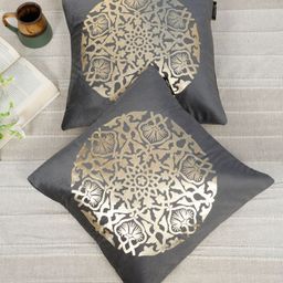 HOSTA HOMES Grey & Gold-Toned Set of 2 Ethnic Motifs Velvet Square Cushion Covers-8